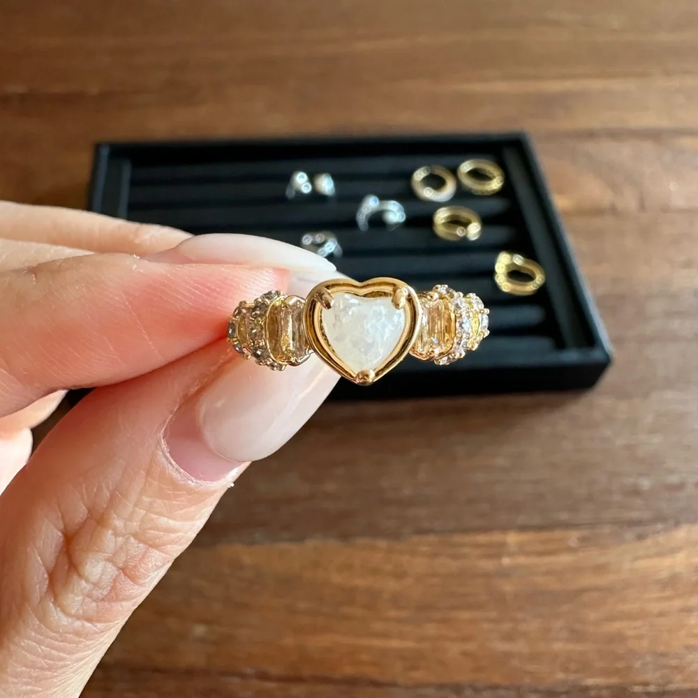 Gold Heart Open Ring Adjustable Rhinestone Heart Ring Romantic Statement Ring